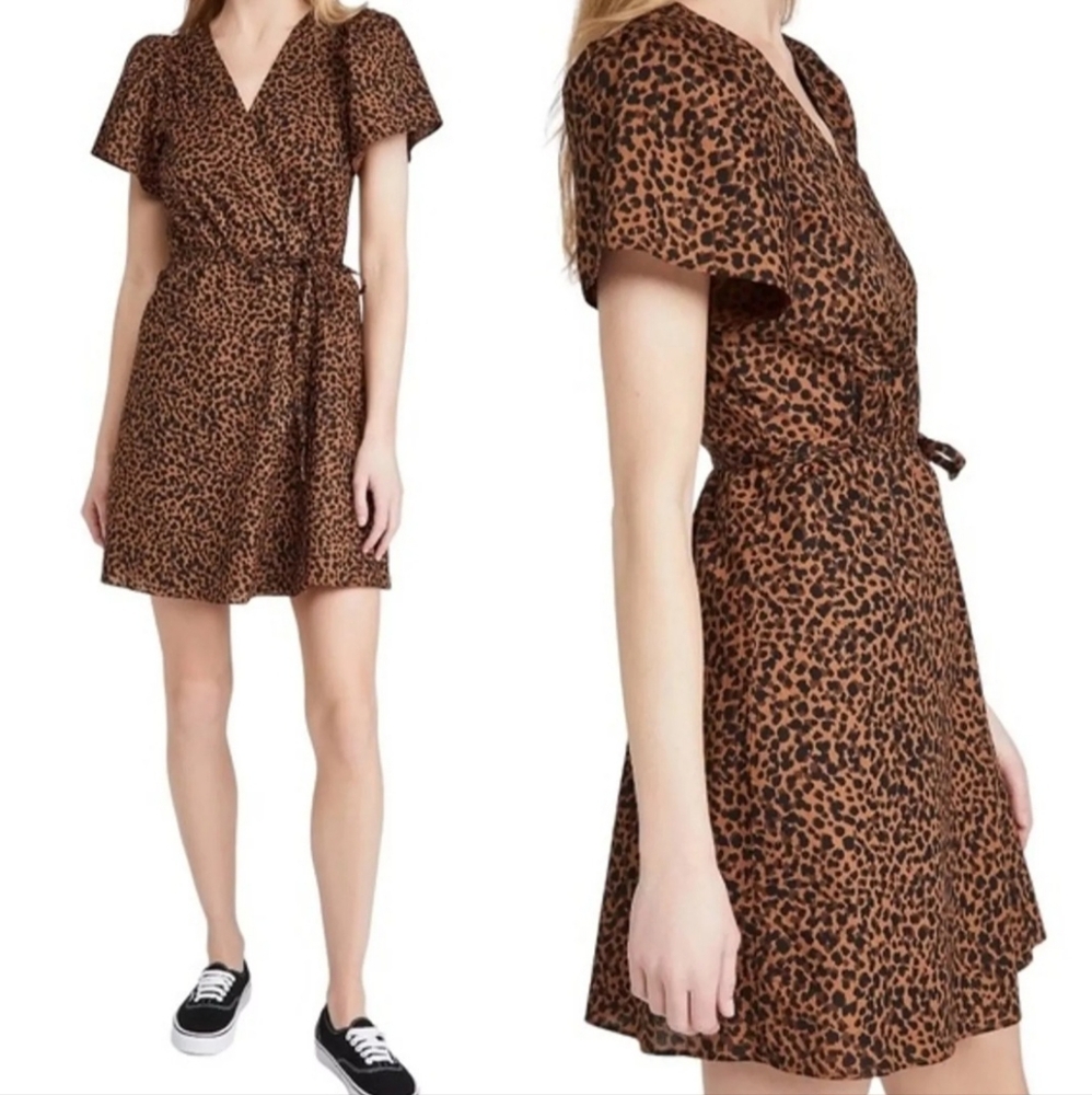 Madewell Wrap Mini Dress Painted Animal Print Flutter Sleeve Brown Black Sz S